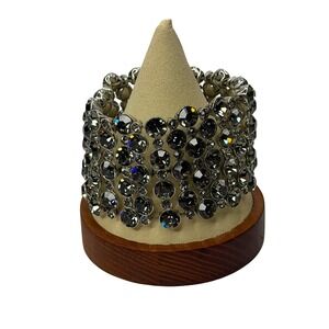 Smoke Gray Crystal Wide‎ Stretch Cuff Statement Bracelet Silver Tone Rhinestone